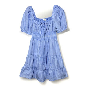 Hunter & Brown Babydoll Dress Womens Large Blue Gingham Short Tiered Cap Sleeves